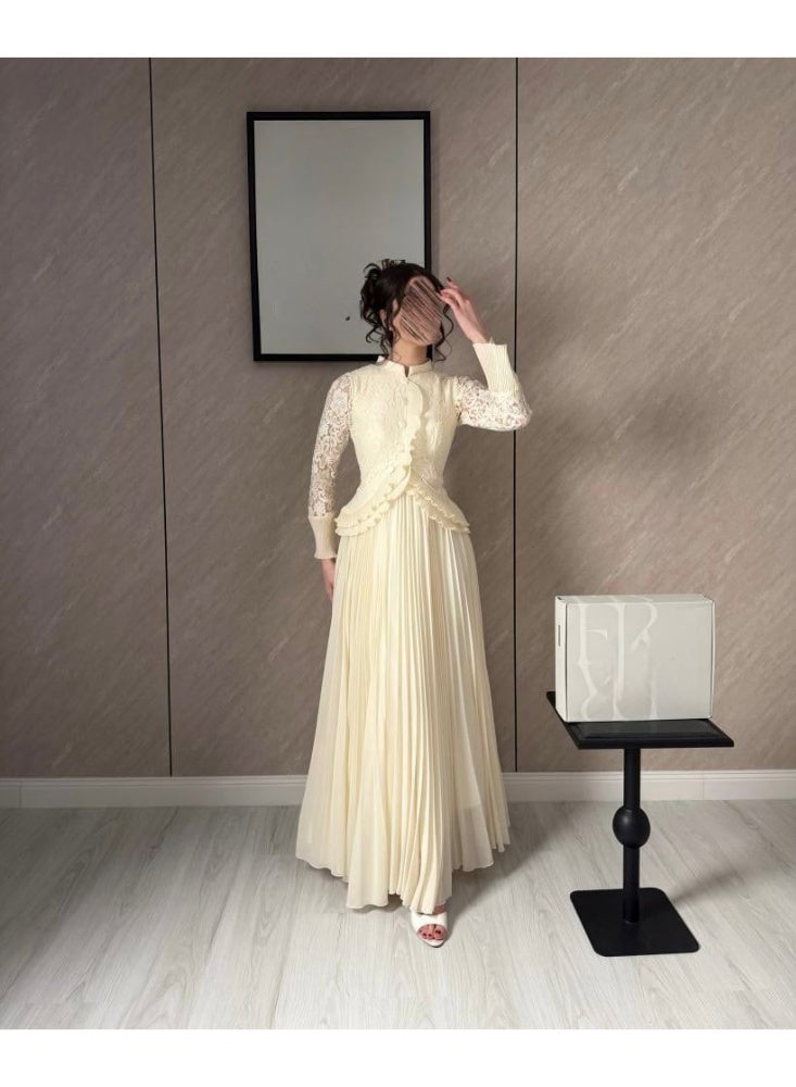 Cutie Women's Pleated Maxi Evening Dress with Lace Sleeves and Ruffle Waist Detail - Off-White - Image 1